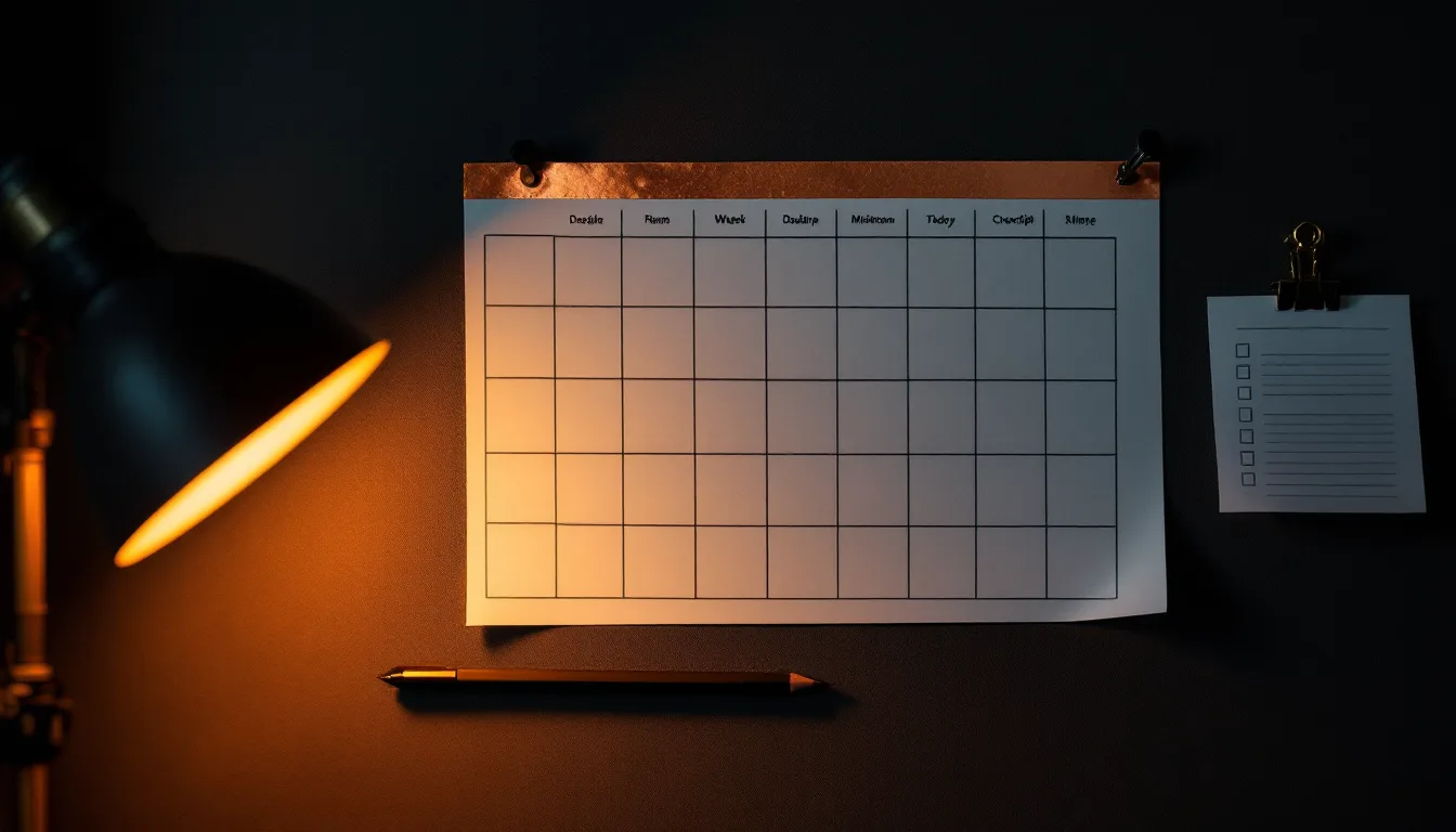 A ten-week wall planner on charcoal linen with the deadline boxed in copper tape and milestones marked with copper and yellow dots