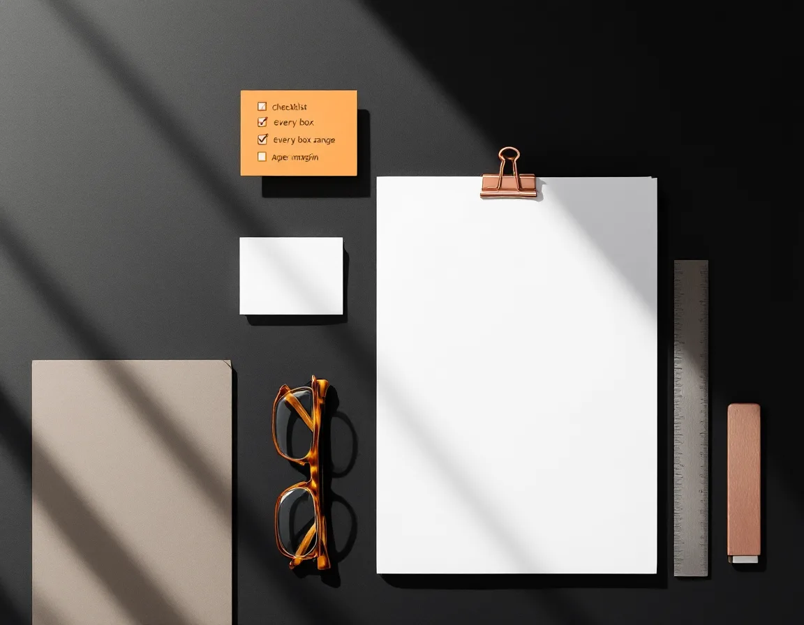 Flat-lay of a squared proposal stack with a copper clip, a ticked checklist, a ruler and a copper USB drive