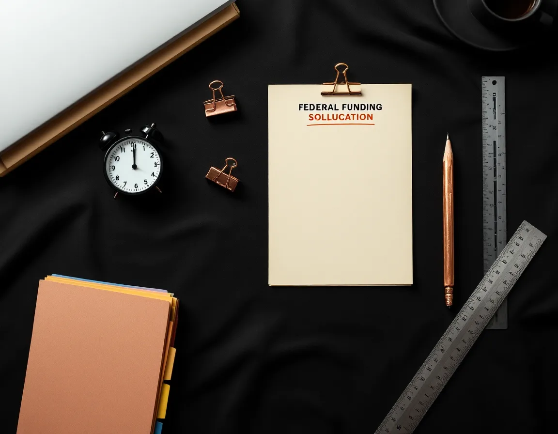 Overhead flat-lay of an annotated funding solicitation with copper clips, a ruler, pencil and desk timer on charcoal linen